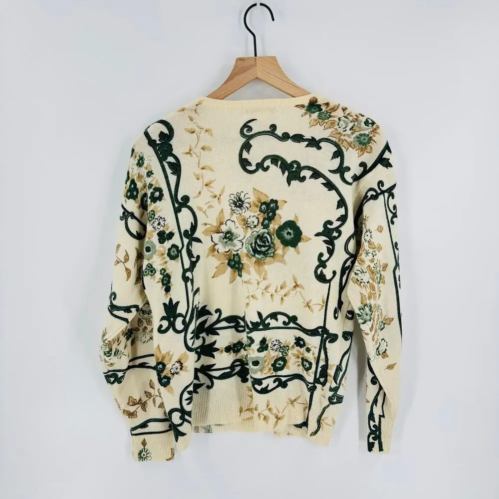 Vintage‎ La Mattini Embellished Floral Sweater Cream Green Beaded Knit Size S